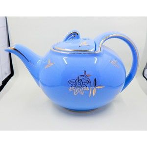 Hall USA Pottery Cadet Blue Gold Trim Hook Lid 6 Cup Teapot 0749 Vintage 1940s